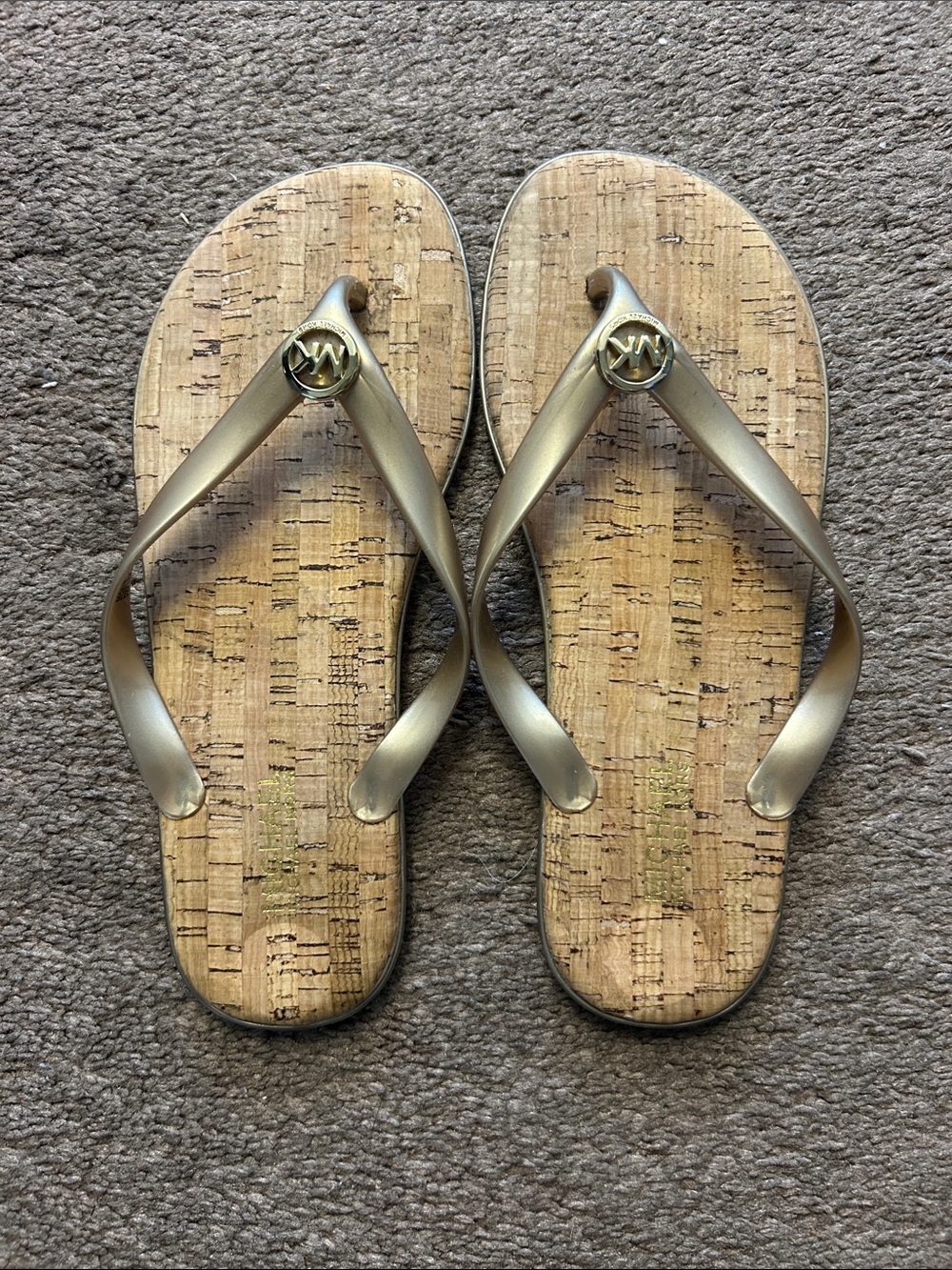 Michael Kors Metallic Gold Thong Sandals with Cork-Print Footbed